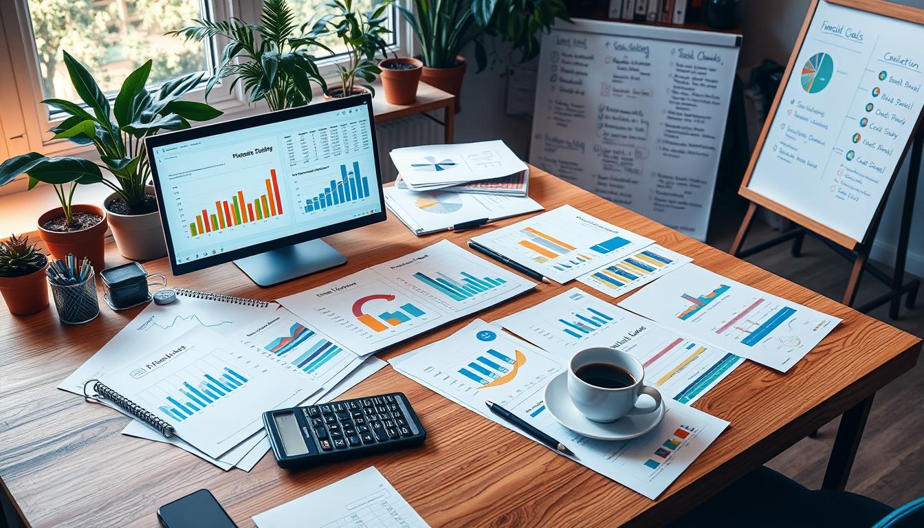 office desk with financial charts on monitor and papers