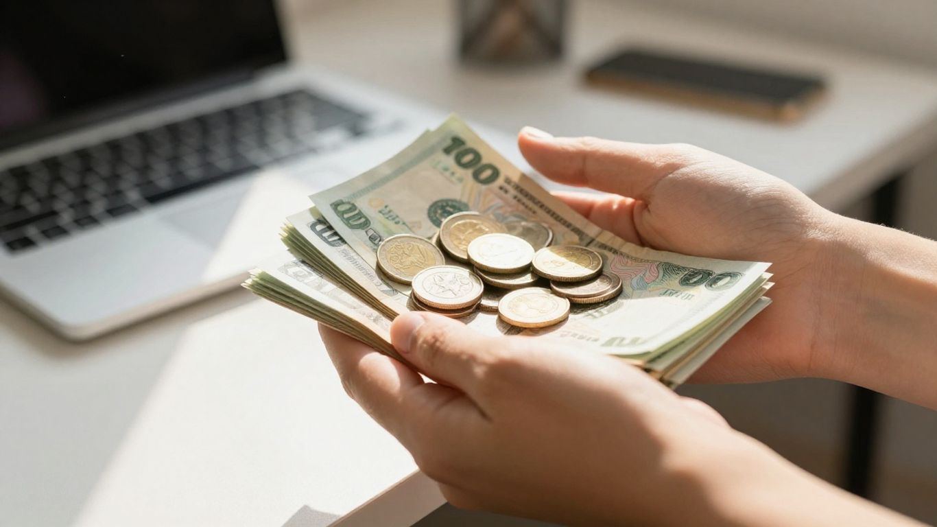 Hands holding money for small business budgeting.